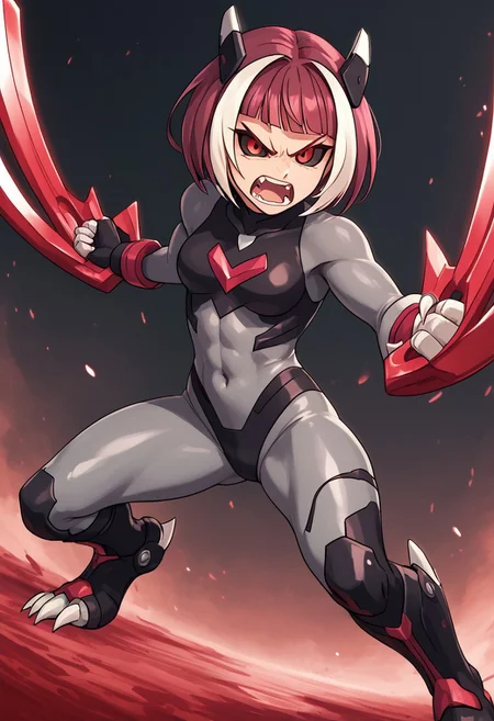 score_4,score_5,score_6,score_7_up,score_8_up,score_9
((masterpiece,best quality,ultra detailed,highres,HD,4k:1.2)),
1 girl, solo,full body,
striped hair, short hair, bob cut, bangs, multi-colored hair, pink and white hair, fangs, red eyes, black sclera, eyes with no highlights,head gear,
((bodysuit,covered navel,dual wielding,weapon,Claw,gloves,skin tight,Claw weapons, gloves with claws attached,)),
blood,
action pose,fighting pose,open mouth,frown,