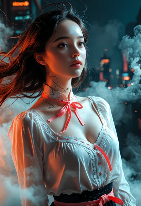 best_quality, absurdres, ultra-detailed, highly_aesthetic, 8K, UHD, highly_detailed_eyes, depth_of_field, subject_focus,
dutch_angle, 1girl, Korean woman,uwu, ribbon, blouse, innocent, looking at viewer, beauty, magical, dynamic motion, backlight , cinematic, neckline, inspiration, neon, cyberpunk, floating_hair, windy, simple_background, fog