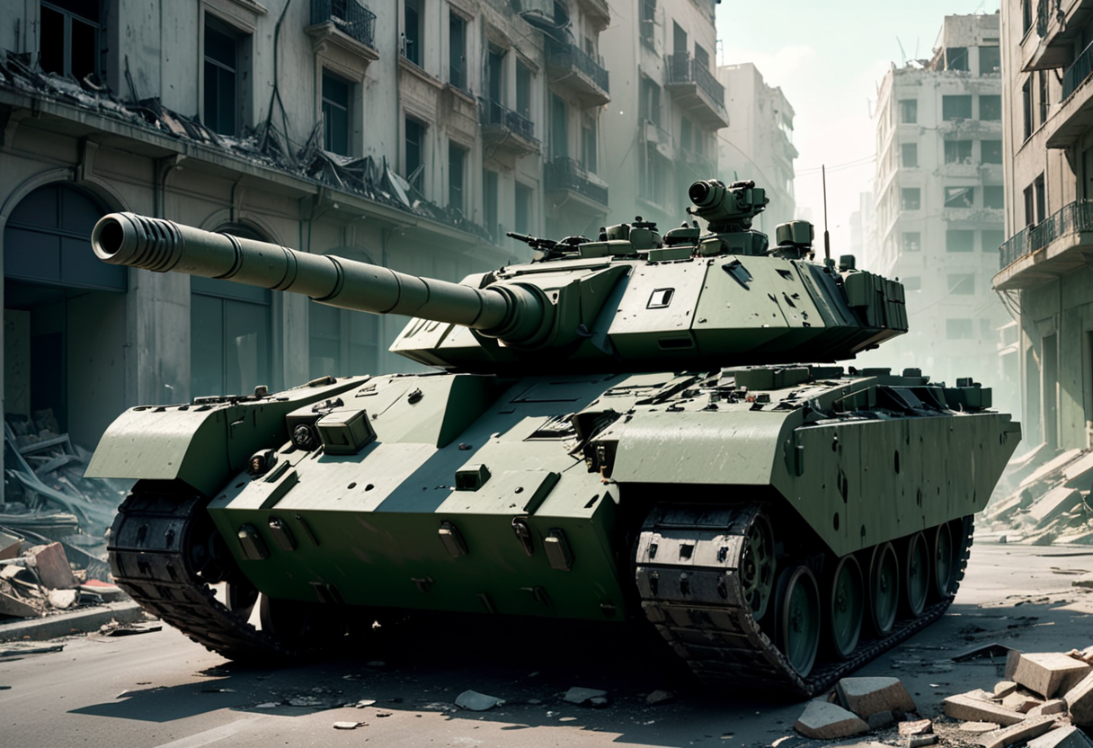 (medium full shot) of (heavily-armed mobile dark-green tank) with composite armor, electric, amphibious capabilities, camouflage foliage, set in  a war-torn city, with ruined buildings and rubble-strewn streets, the tank engaging in urban combat, during a dawn operation, ,Masterpiece,best quality, photo, realistic, very aesthetic