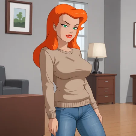 <lora:poisonivybtas_pony_v1:.8>PoisonIvy, 1girl, large breasts, green eyes, red hair, makeup, lipstick, long hair, red lips, sweater, jeans