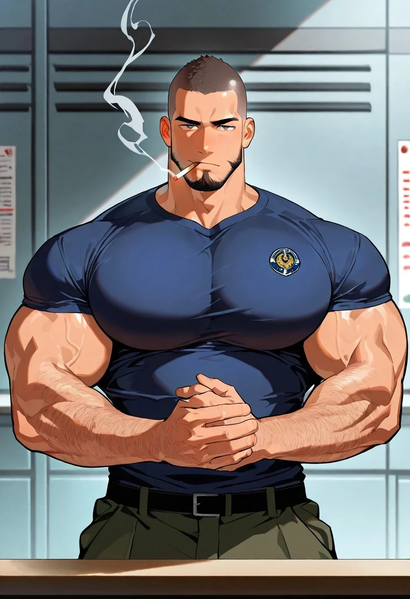 score_9,score_8_up,score_7_up, score_9, score_8_up, Intricate Details, Masterpiece, Best Quality, 1man, mature, bara, solo, male focus, correct anatomy, perfect hands, stylized seinen anime style, lots of details, shaded, detailed shading, detailed skin, counter shading, handsome, shaved head, buzzed short, dark brown, muscular male, hyper pectorals, hyper pecs, hyper-muscular, cigarette, facial hair