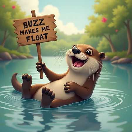 A playful otter floating on its back in a river, holding a sign that says "Buzz makes me float"