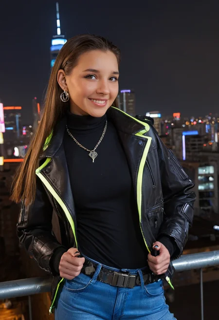 best quality, masterpiece, absurdres, newest, solo,
<lora:CL_Model_SDXL:0.9> 1 woman, cl_m0d3l, long hair, straight hair, eyelashes, lips, brown eyes, brown hair, jewelry, earrings, necklace, smile, teeth, looking at viewer,
Cyberpunk jacket, neon jacket, jeans, turtleneck shirt, cyborg, belt,
Cyberpunk, city scenery,