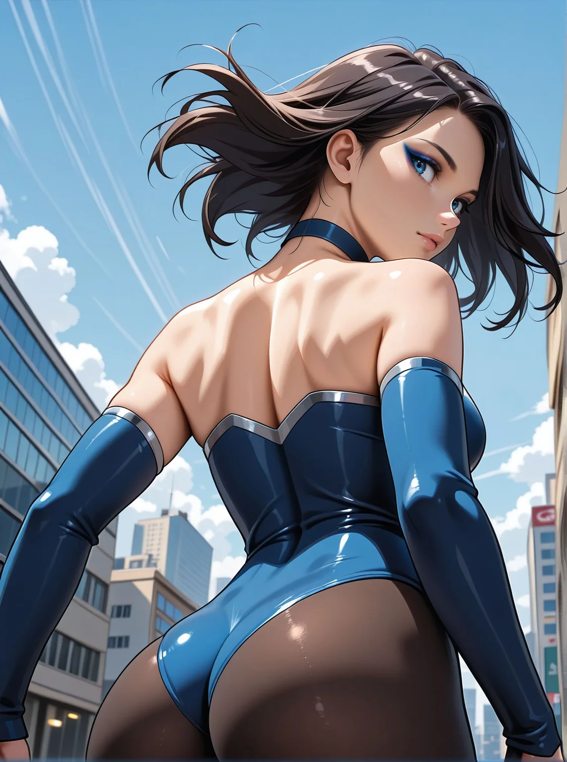 woman, looking back at viewer, outdoor, city, bare shoulders, choker, eyeliner, eyeshadows, floating hair, detached sleeves, superhero outfit, tight outfit, back, upper body, low angle, hips, tights, close, low angle, butt,, <lora:Woomy_1_IL:0.6> black hair, blue eyes, medium hair,
