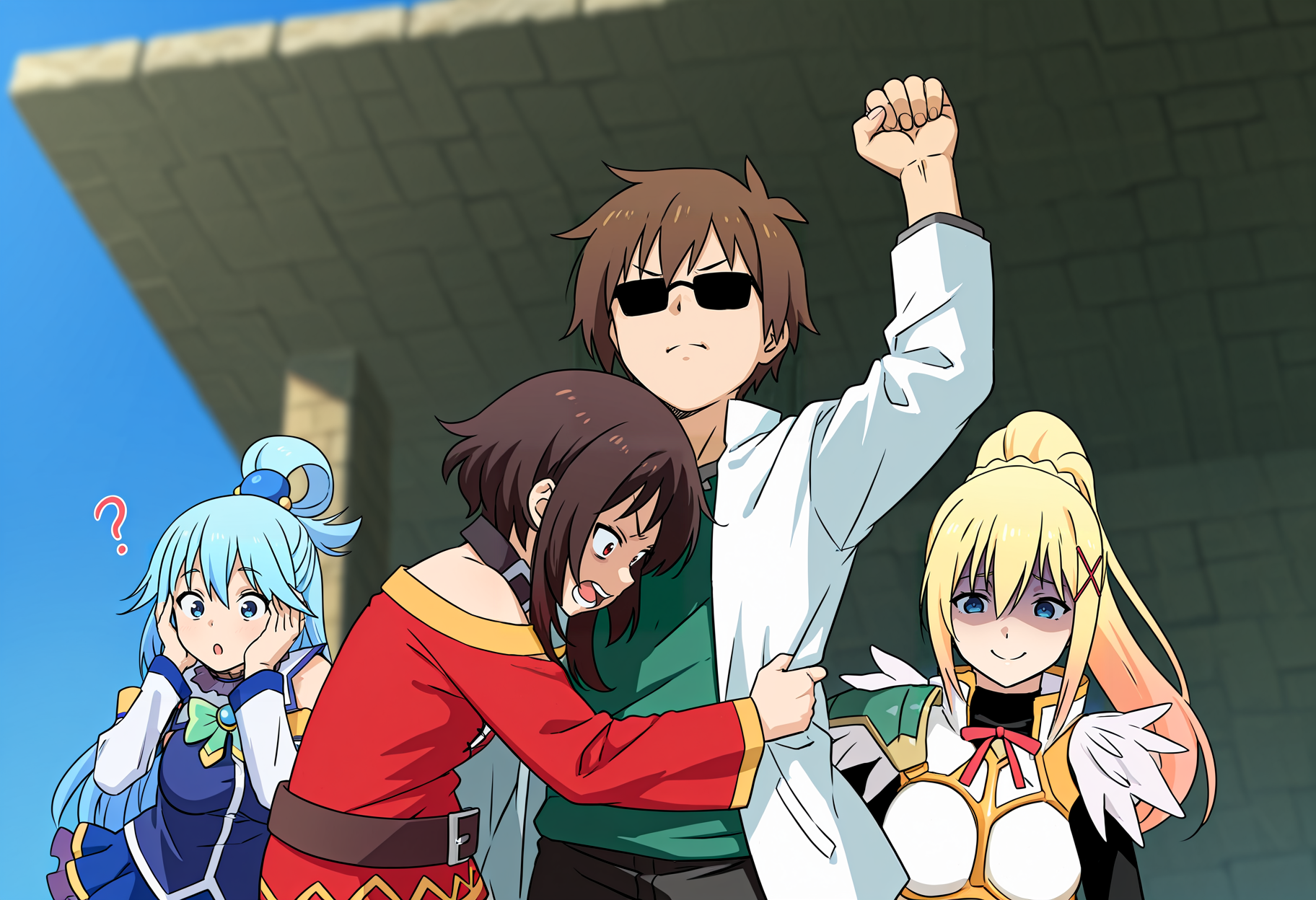 (masterpiece, high quality, amazing detail), 2024 attempted assassination, 3girls, multiple girls, 1boy,
BREAK
aqua \(konosuba\), confused, :o, hands on own head,
BREAK
megumin, angry, hug, 
BREAK
satou kazuma, white jacket, clenched hand, arm up, sunglasses, 
BREAK
darkness \(konosuba\), smile, :w, shaded face, 
<lora:2024_Trump_Incident:1>