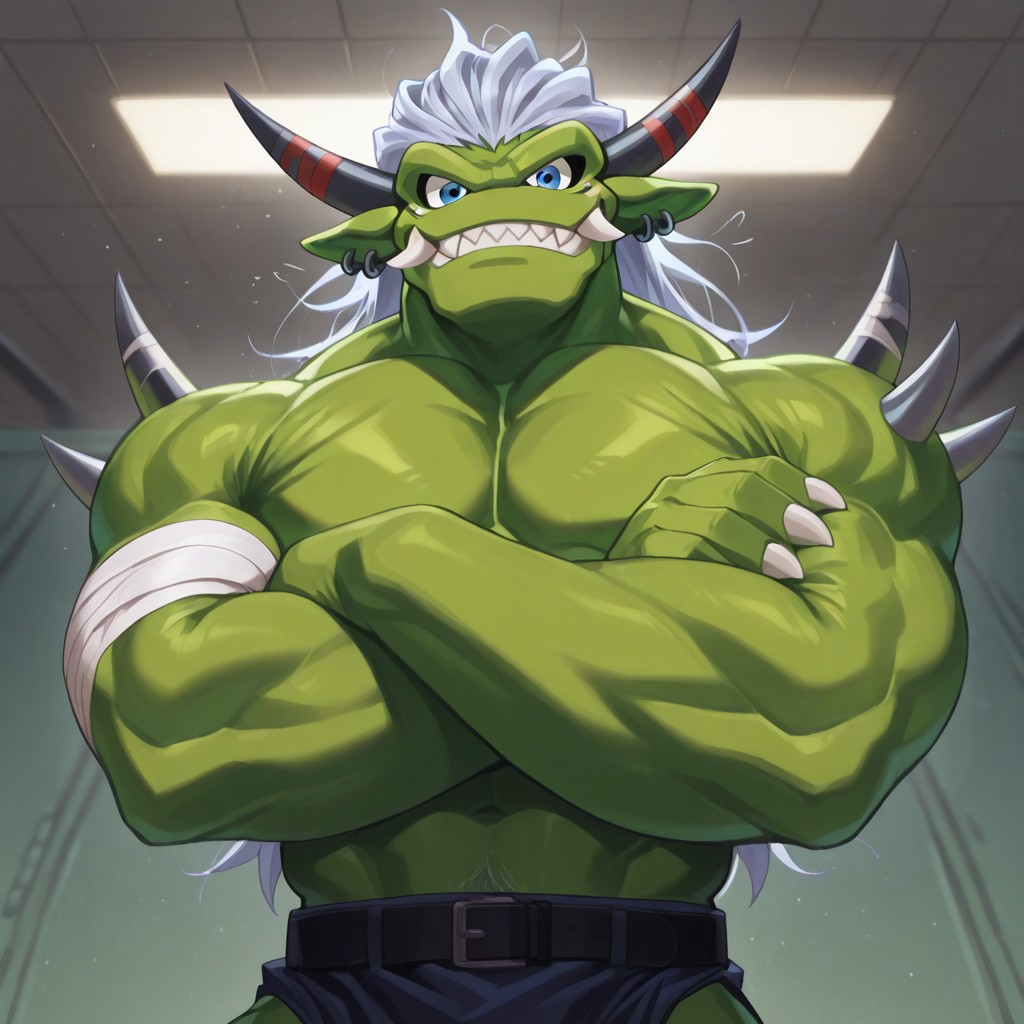 High quality, good shots, ogre10101110, Ogremon, digimon, 1boy, solo, green skin, blue eyes, teeth, open mouse, no nose, bandages, loincloth, horns, black horns, gym background, flushed, side angle shot, arms crossed, looking at viewer, upper body shot, shy,