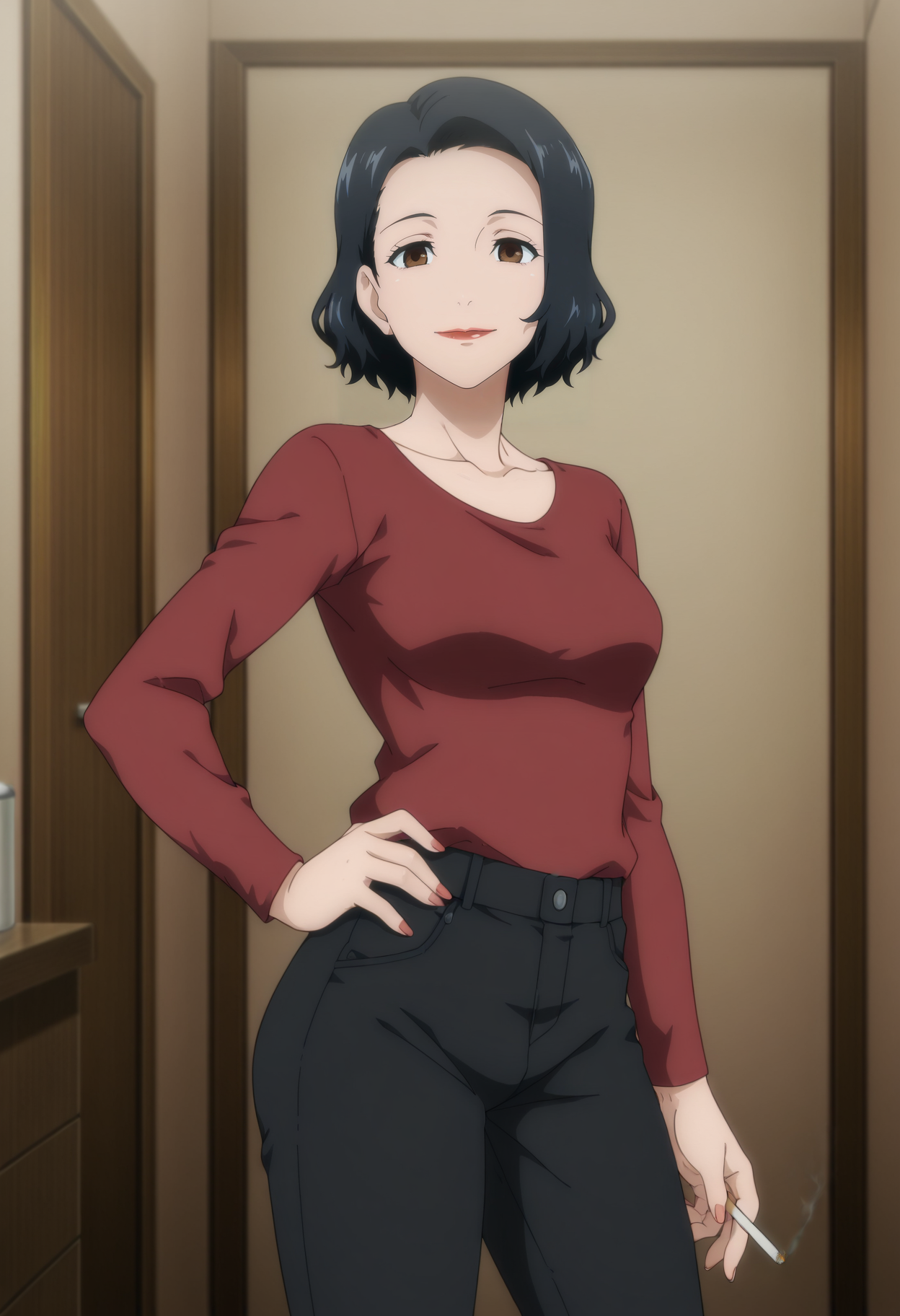 1girl,solo,mm,mature female,black hair,short hair,brown eyes,lipstick,,anime coloring, 
shirt,pants,cowboy shot, hand on own hip, cigarette, looking at viewer, smile,indoors
,masterpiece,best quality,amazing quality,<lora:Nagi_Yoshino-Jujutsu_Kaisen_IL:0.85>