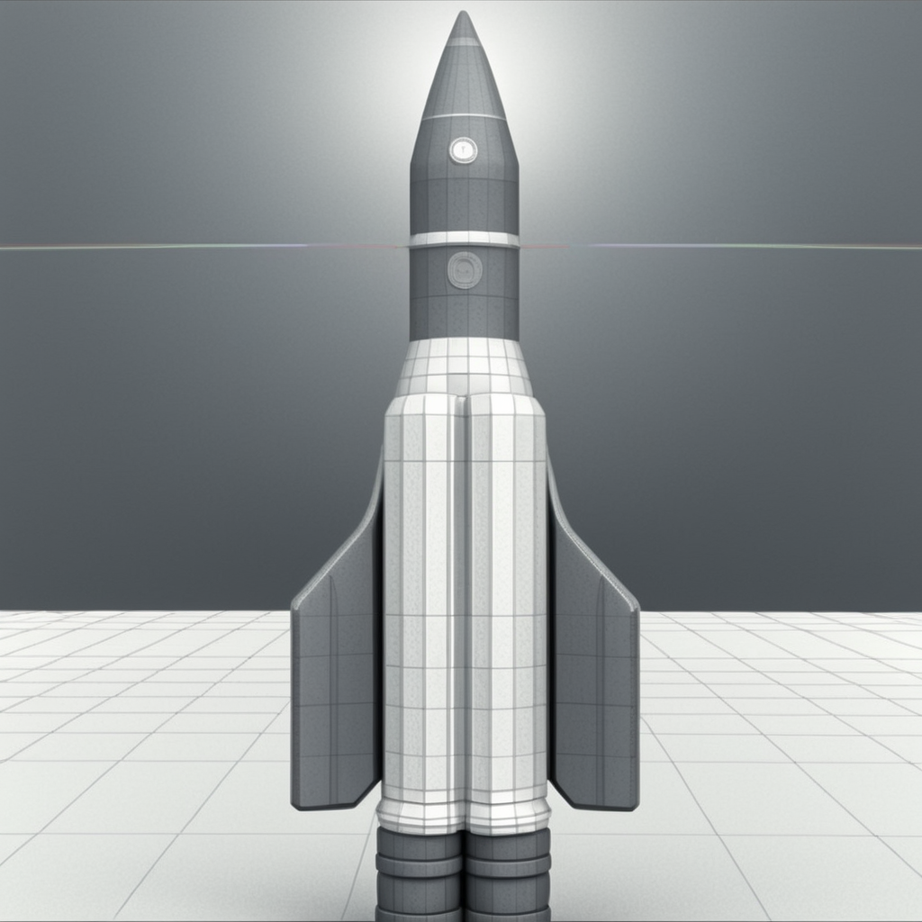 <lora:3dpolygonStyle:1>,3dm,monochrome,grey  grid color matching,Create a 3D animation style image of a the missile,
