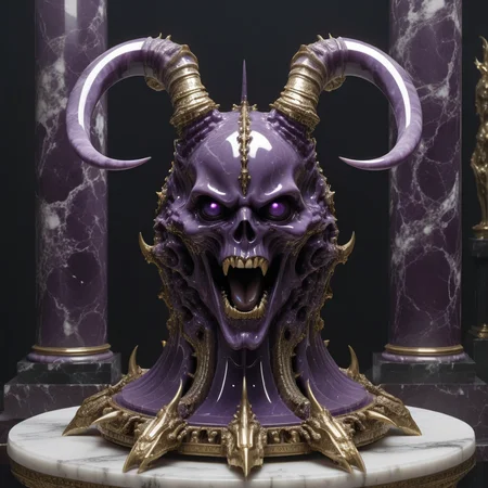 <lora:Chaos_Warfleet_-_Warhammer_40000_SDXL:1>chaoswarfleet, purple battleship,space,warp,distortion,nightmare,mirrors,curved blades,grace,elegance,marble statues,black long tongues,pincers,Ñheers,horns,hooves,insect eyes,columns,screaming faces,onyx,decorations,silver,gold,engraving,minting,marble,decor,curved shapes,