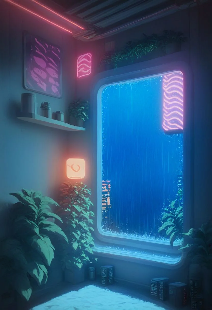 score_9,score_8_up,score_7_up,score_6_up, 
steaming coffee cup on windowsill, plants on the windowsill, wall of plants, monstera plant, large plant, tidy bedrrom, small room, cramped bedroom, teddies on the bed, cyberpunk city view out of the window, neon light, purple neon lights, rain, rain outside, rain on the window