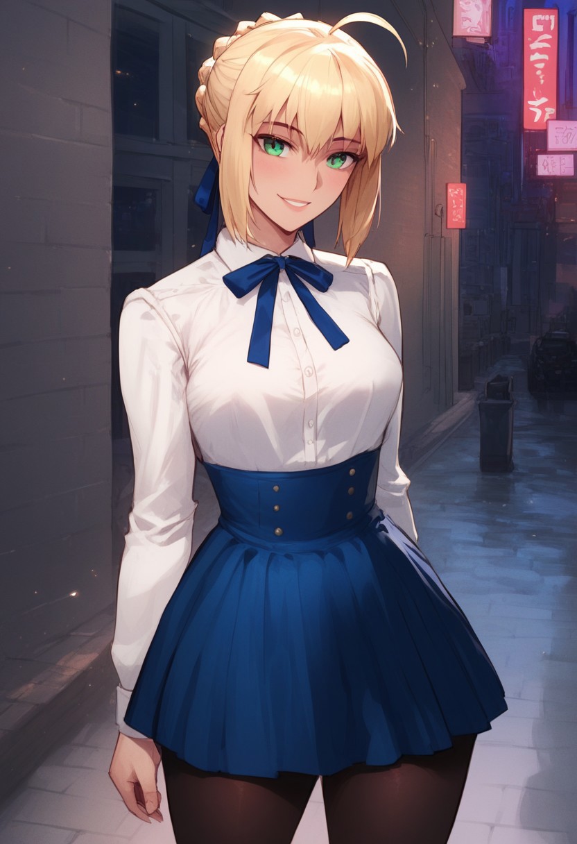 (score_9, score_8_up, score_7_up, high quality, best quality, ultra-detailed, very aesthetic, illustration, perfect composition, intricate details, absurdres, high res image, masterpiece, vibrant colors, beautiful face, detailed face, 1girl, solo focus, perfect eyes, detailed eyes), SaberCasual, female, green eyes, blonde hair, short hair, french braid, ahoge, light blush, pale skin, full lips, large thighs, perfect body, fit body, voluptuous, medium breasts, curvy body, narrow-waisted, wide hips, (white shirt, neck ribbon, long sleeves, high-waist skirt, blue skirt, black pantyhose), (teasing expression, small smile, suggestive pose), (outdoors, city, streets, night, lamppost)
