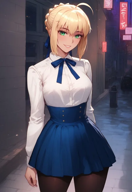 (score_9, score_8_up, score_7_up, high quality, best quality, ultra-detailed, very aesthetic, illustration, perfect composition, intricate details, absurdres, high res image, masterpiece, vibrant colors, beautiful face, detailed face, 1girl, solo focus, perfect eyes, detailed eyes), SaberCasual, female, green eyes, blonde hair, short hair, french braid, ahoge, light blush, pale skin, full lips, large thighs, perfect body, fit body, voluptuous, medium breasts, curvy body, narrow-waisted, wide hips, (white shirt, neck ribbon, long sleeves, high-waist skirt, blue skirt, black pantyhose), (teasing expression, small smile, suggestive pose), (outdoors, city, streets, night, lamppost)