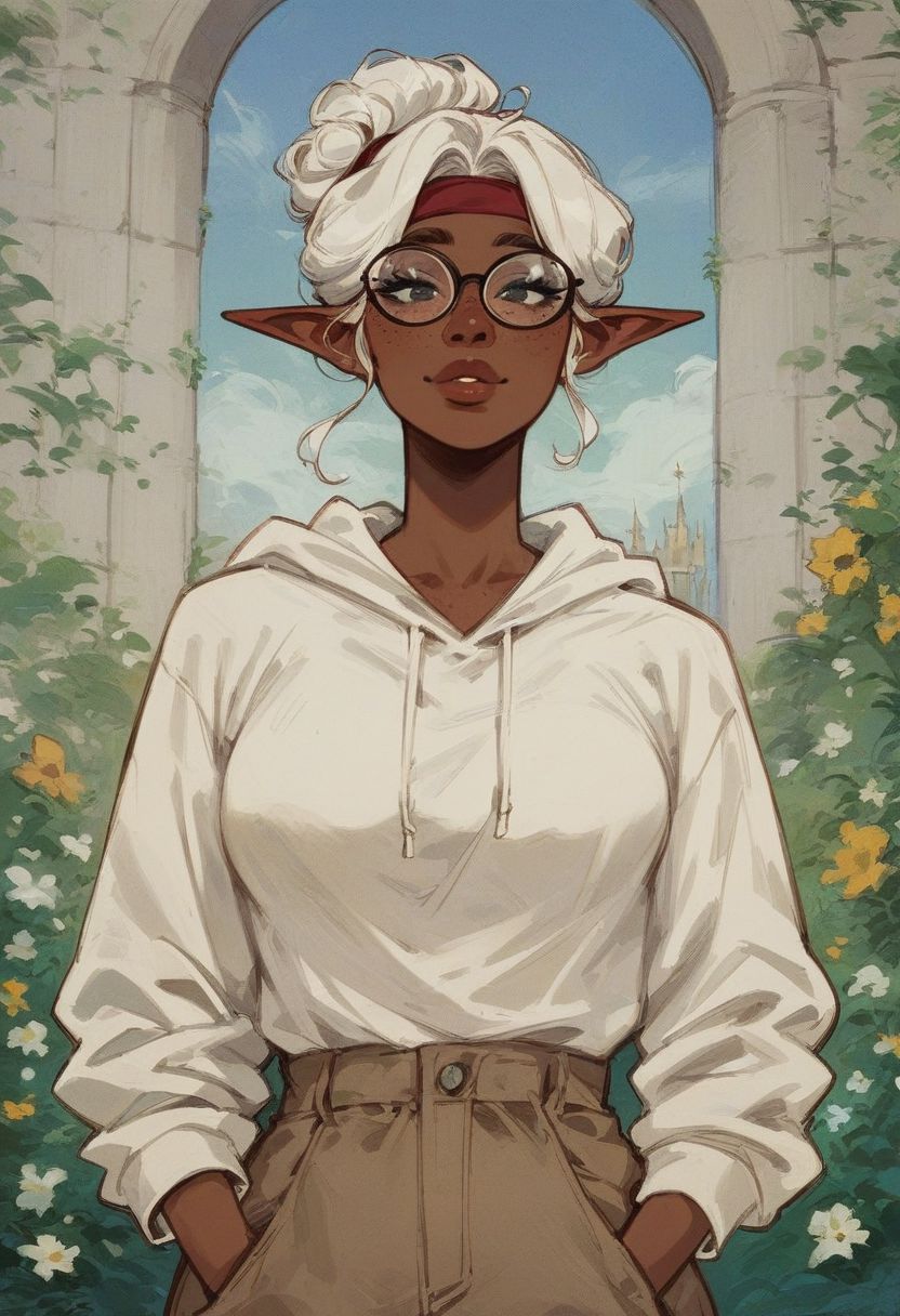 score_9, score_8_up, score_7_up, elf, pointed ears, casual clothing, hoodie, solo, dark skin, white hair, medium breasts, brown eyebrows, freckles, big lips, glasses, headband, makeup, castle garden, flirty face and body language