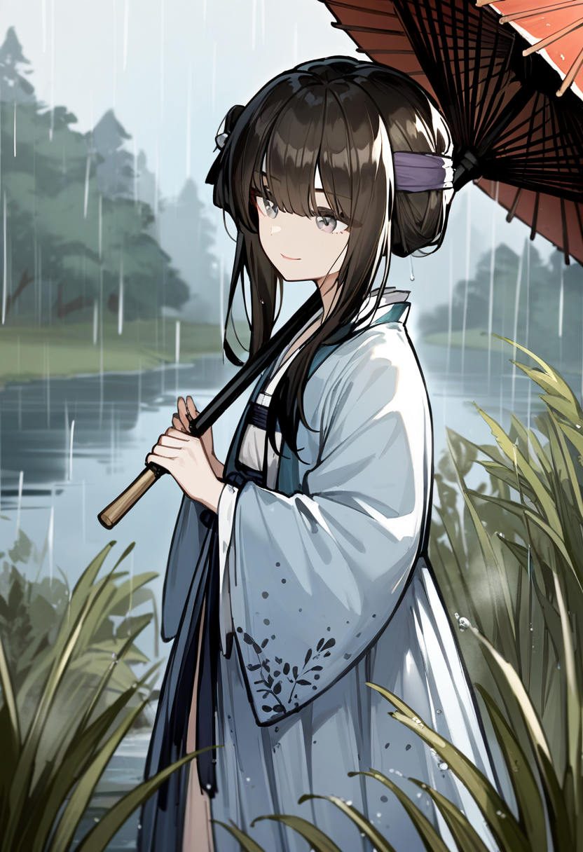 1girl,michiho,solo,
cowboy shot, from side, 
rain,lake, forest, 
grey eyes, black hair,standing, 
hanfu,handheld oil-paper umbrella,
smile,
<lora:michiho-000004:1>