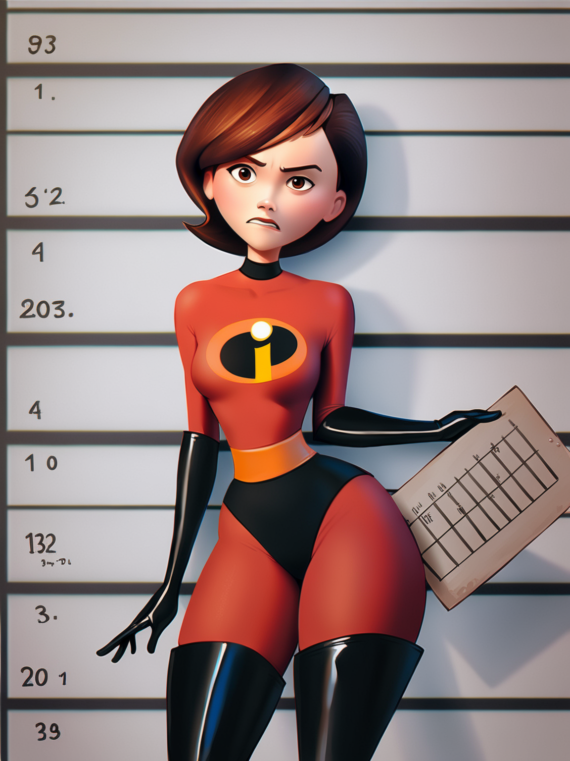 score_9, score_8_up, score_7_up, score_6_up, score_5_up, score_4_up, BREAK, source_cartoon, source_anime, 1girl, helenparr, helen parr, angry, brown eyes, bodysuit, black elbow gloves, thighhighs, thigh boots, mugshot, holding sign, wide hips, looking at viewer  <lora:HelenParrXL:0.6>