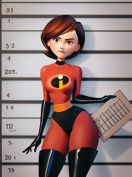 score_9, score_8_up, score_7_up, score_6_up, score_5_up, score_4_up, BREAK, source_cartoon, source_anime, 1girl, helenparr, helen parr, angry, brown eyes, bodysuit, black elbow gloves, thighhighs, thigh boots, mugshot, holding sign, wide hips, looking at viewer <lora:HelenParrXL:0.6>