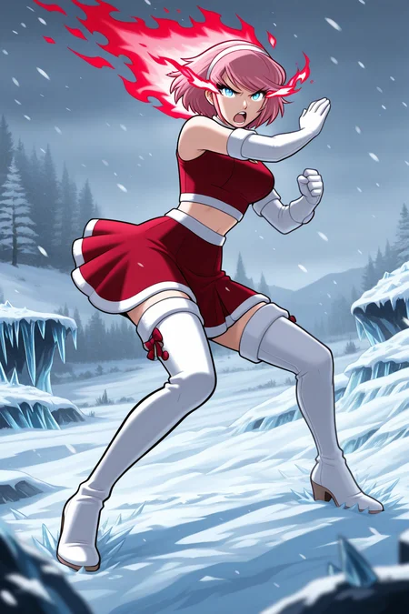 masterpiece, best quality, amazing quality, absurdres, solo, rinshirosaki, white hairband, blue eyes, serious, open mouth, fighting stance, flaming eyes, flaming aura, red aura, fire aura, short pink hair, red crop top, white elbow gloves, red skirt, white thigh boots, outdoors, snowstorm, blizzard, hail, icicles, ice