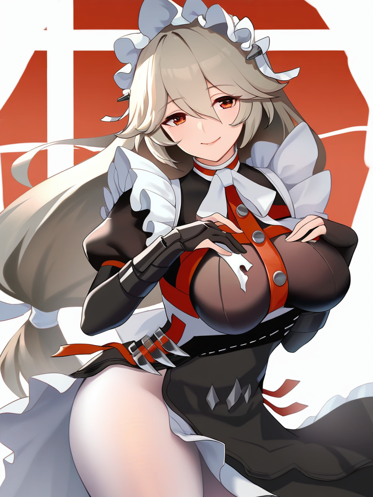 1girl, alexandrina sebastiane, black dress, black gloves, cowboy shot, grey hair, hair between eyes, hands on own breasts, hands up, heart hands, long sleeves, looking at viewer, low-tied long hair, maid headdress, neck ribbon, pantyhose cutout, partially fingerless gloves, puffy sleeves, red eyes, simple background, smile, solo, stake, standing, very long hair, white background, white pantyhose, white ribbonï¼<lora:zenless_zone_zero_ill:1>ï¼masterpiece, best quality, very aesthetic, highres, absurdres,(miurahha, bacius, ririko \(fhnngririko\):0.6),