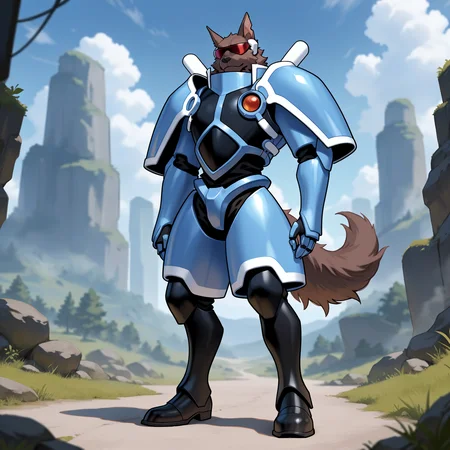 Score_9, score_8_up, score_7_up,result_9, result_8, result_7, result_6, masterpiece,solo.Ultra best details,, anime details, best quality, good binding quality,4k, ,50lly2, (sharp focus, perfect_anatomy), ,\(artwork\), detailes face,detailed fur, perfect fur details, perfect anatomy, masterpiece, best quality, amazing quality, very aesthetic,highres, incredibly absurdres, highres, masterpiece, ,synchro_(warwolf_form),grayish brown fur,red sunglasses,headphones,blue armor, black knees armor,shoulder pads, stand-up collar, full body
