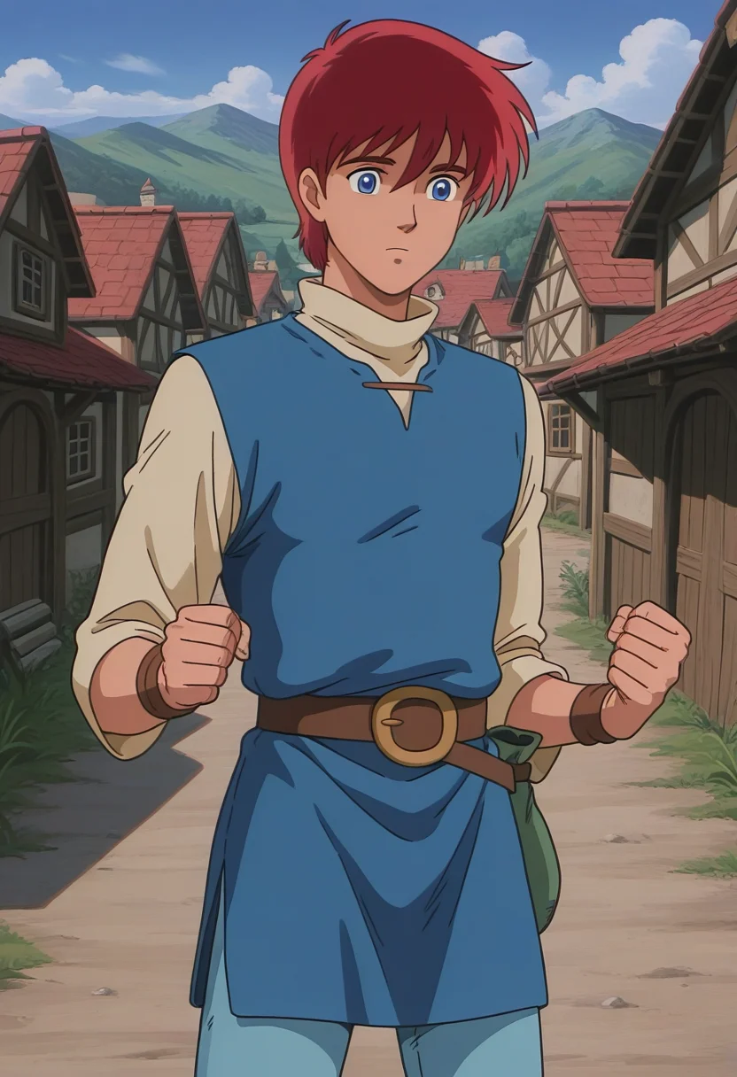 1boy, solo, adolysiova, red hair, short hair, blue eyes, shirt, long sleeves, high collar, tunic, belt, pants, wristbands, outdoors, village, standing, cowboy shot,