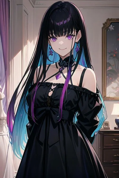 selena, black hair, multicolored hair, bangs, long hair, purple eyes, black dress, long sleeves, looking at viewer, 1girl, solo, masterpiece, best quality, leaning forward, smile, arms behind back,