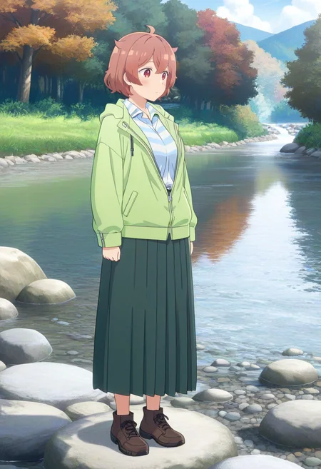 newest, masterpiece, best quality, 4k,
outdoors, river, very aesthetic, detailed background, full body,
1girl, solo, <lora:mitsuki ooshiro:1> mitsuki, brown hair, short hair, ahoge,red eyes, green jacket, unzipped, collared shirt, striped shirt, long skirt