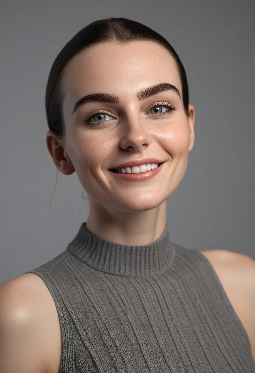 30yo american woman in a photostudio
Modeling High cut, high Quality Dress.
Slight makeup, heavy rimmel. Clear skin.  realistic skin style
Long dark black slick back hair. 
Shooting light, indors, cable light
Studio background.
Winking left eye. Smiling.
Bokeh. Heavy Bokeh light.