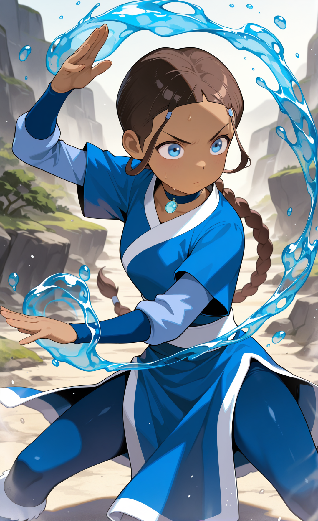 masterpiece,best quality,amazing quality, absurdres, solo, 1girl, <lora:IlluKatara:1> illukatara, dark-skinned female, brown hair, single braid, blue eyes, choker, blue  dress, side slit, short over long sleeves, blue pantyhose, outdoors, fighting stance, hydrokinesis,