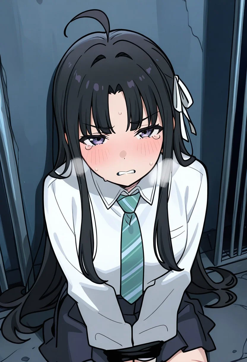 masterpiece, best quality, newest, solo, anime screencap, <lora:SUBARU_AWA_ilxl_v1.1:1>, subaru_awa,hair ribbon, white ribbon, ahoge, perfect eyes, half closed eyes, breast, shiny skin, school uniform, white shirt, collared shirt,striped necktie,long sleeves,pleated skirt, expressive, tears, blush, embarrassed, scared, looking at viewer, bound wrists, on ground, sitting, against wall, prison, tied up \(nonsexual\), arms folded, bound wrists, scratches, exhausted, clenched teeth, heavy breathing, exhausted, from above, dynamic view, dark room, perfect anatomy