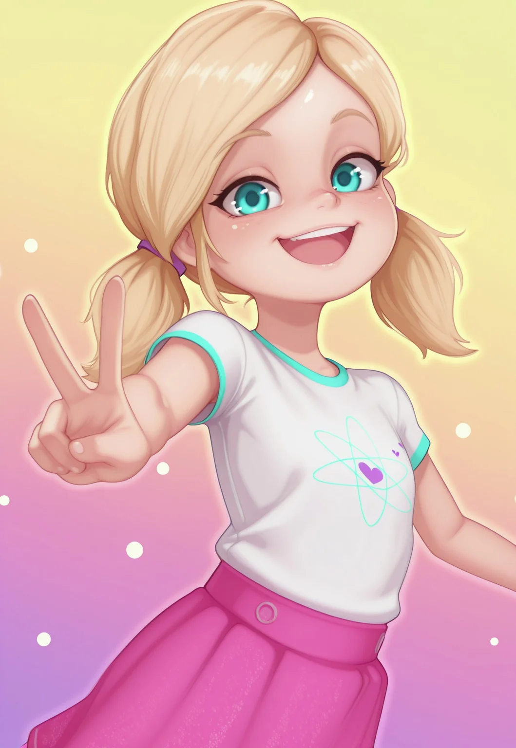fc7ilf, chelsea_illus_casual, twintails, aqua eyes, blonde hair, white shirt, short sleeves, pink skirt, leggings, 1girl, solo, abstract background, looking at viewer, upper body, smile, v, dynamic pose, open mouth, dynamic angle, colorful background, detailed, masterpiece, absurdres, highres, newest,