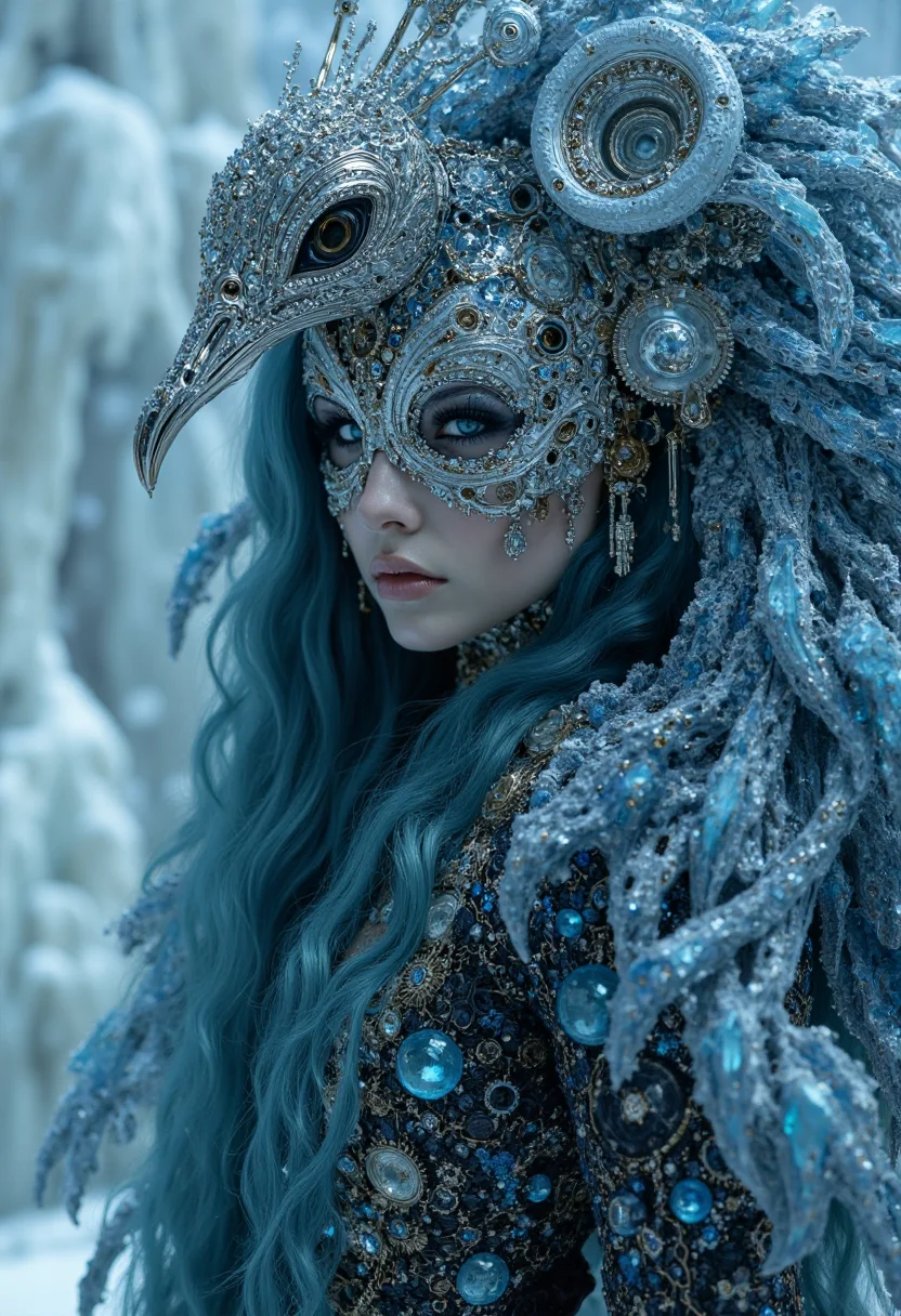 masterpiece, surreal, elegant, long-haired woman with icy blue hair, seamlessly merging with a clockwork peacock, her crystal dress transformed into an intricate network of blackened gears and springs, each part interlocking with metallic precision and glowing with a faint, icy blue luminescence, elaborate silver mask with frosted details, frozen wasteland backdrop with swirling snow and ice formations, intricate details throughout the scene, reflecting a blue-tinted metallic sheen that contrasts with the black and icy blue crystalline elements of her form, enchanting and eerie, dark ice queen, frozen beauty, glacial elegance, 8k, hyperrealistic, soft focus