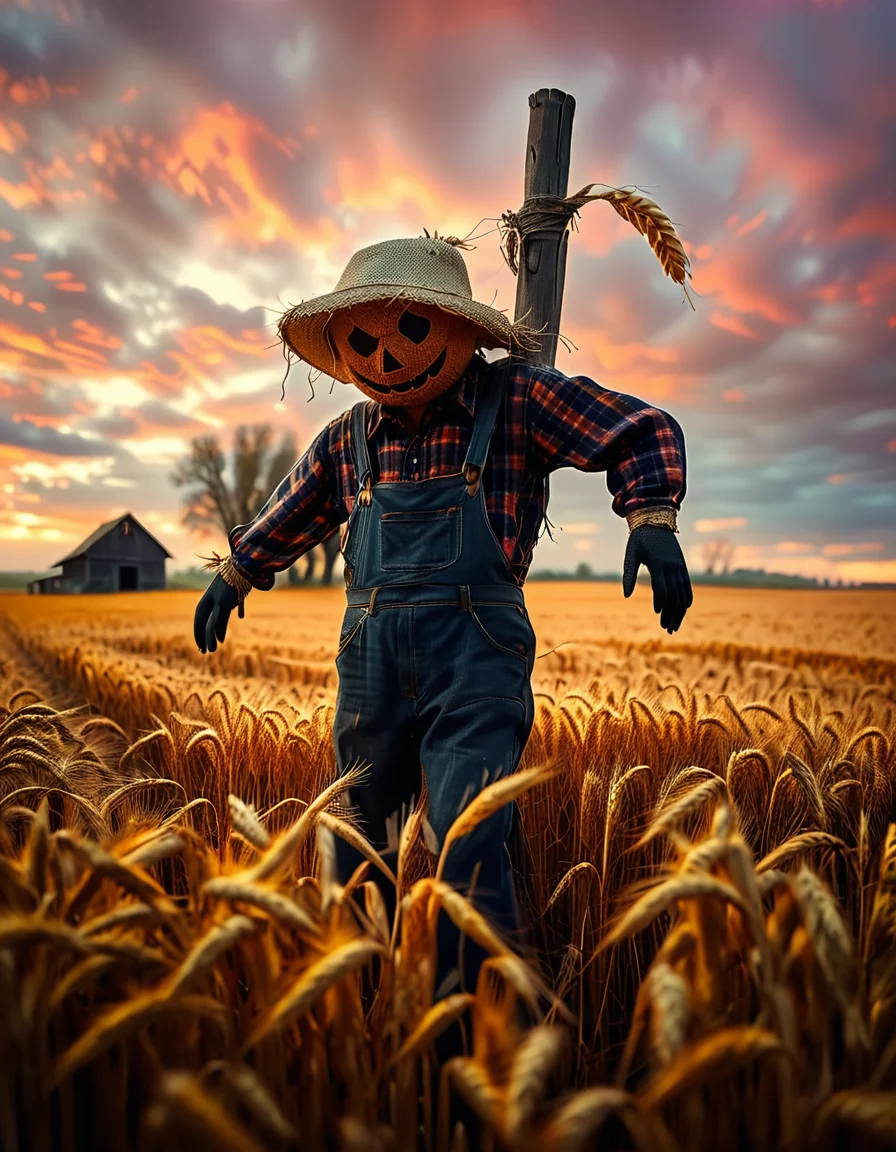 A solitary scarecrow standing in the middle of a vast golden wheat field at dusk,wh34t f13ld at dusk, dressed in rustic, worn-out farmer's clothing. The scarecrow is wearing a tattered plaid shirt, faded overalls, and a wide-brimmed straw hat that is slightly tilted. Its head is made of a burlap sack, with simple, stitched features forming an eerie yet friendly smile. The arms are outstretched, with old gloves tied to the ends of wooden poles, and straw spilling out from the sleeves and pant legs. The golden wheat stalks surround it, gently swaying in the breeze, while the warm light of the setting sun creates a serene atmosphere. The sky is painted in vivid hues of orange, pink, and purple, with long shadows stretching across the field. In the distant background, a small wooden barn and a line of dark silhouettes of trees complete the rural, tranquil scene. The overall mood is a blend of calmness and subtle mystery, evoking the charm of countryside life at twilight.
<lora:SDXLFaeTastic2400:0.4> <lora:extremely_detailed:0.4> extremely detailed, <lora:wh34t_f13ld_at_dusk:1>, Masterpiece,best quality,hi res,8k,hi res,8k,award winning,(sharp focus, intricate, highly detailed),