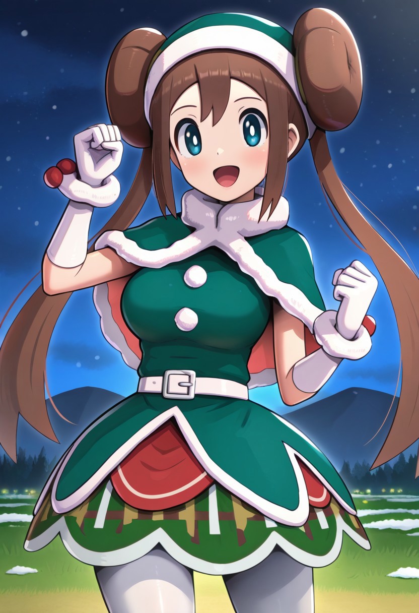[hinosaki, pokemoa, gonzarez], 2d, masterpiece, best quality, amazing quality, 1girl, solo, close-up, standing, smile, cowboy shot, looking at viewer, meadow, night, snow, rosanta, ex colors, rosa \(pokemon\), blue eyes, white pupils, brown hair, long hair, bangs, twintails, double bun, sleeveless dress, green dress, santa costume, green santa hat, fur trim, fur-trimmed capelet, green capelet, white belt, white gloves, white elbow gloves, white pantyhose, clenched hands