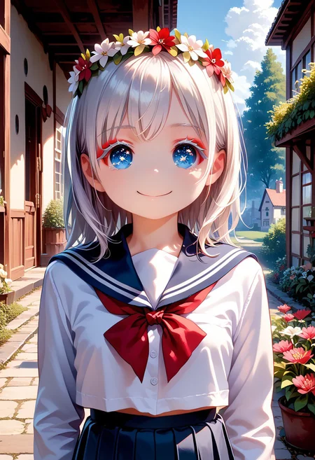 score_9, score_8_up, score_7_up, 1girl, okada style, masterpiece, best quality, ultra high res, smiling, happy, (detailed eyes:1.2), 8K, Best Quality, Masterpiece, Ultra High Resolution, (Realism: 1.4), Original Photo, (Realistic Skin Texture: 1.3), (Film Grain: 1.3), Sapphire Color Eyes and Beautiful Face Details, Highest Quality Picture Quality, white hair, blue eyes, (red eyeliner), (white eyeshadow), (white eyelashes) ,set in a fantasy world with sparkling stars, fantasy flower crown on her head, school uniform,messy, indoors, clutter, very aesthetic, scenery, outside, house, garden