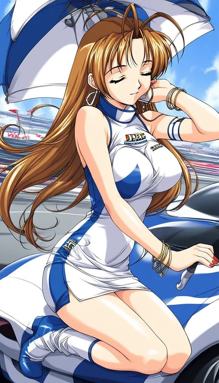 score_9, score_8_up, score_7_up, source_anime, rating_explicit, BREAK <lora:Reiko_Ver2.0_XL:1> Reiko, long hair, brown hair, closed eyes, jewelry, antenna hair, large breasts, nail polish, earrings,
race queen, umbrella, boots, ground vehicle, motor vehicle, car, dress, green eyes, bracelet.
outdoor, racing,