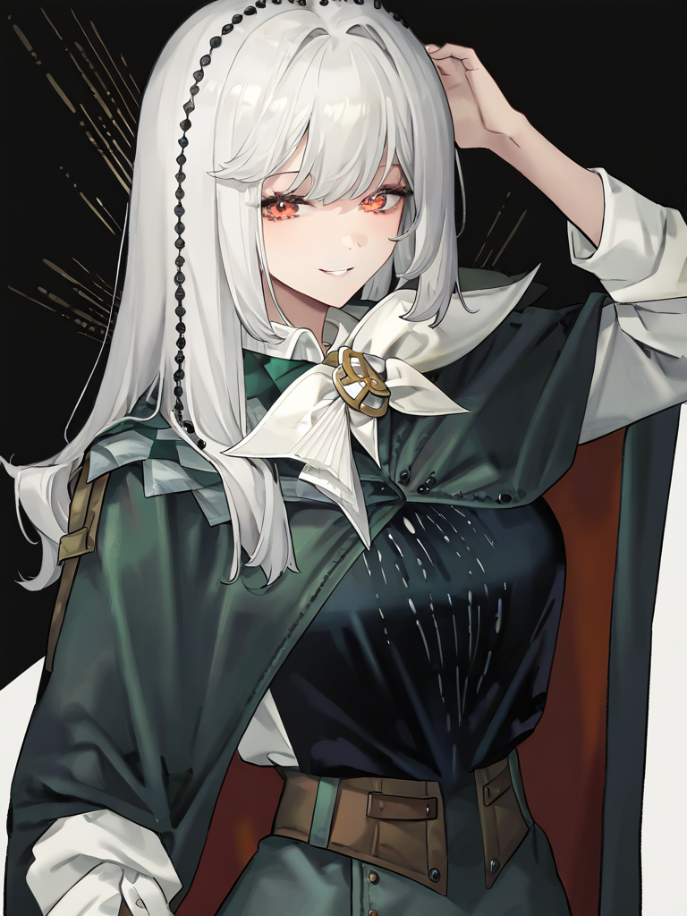 1girl,solo,looking at viewer,simple background,white background,smile,cowboy shot,<lora:semmelweis-000012:0.9>,(semmelweis\(nigh\):1.1),no headwear,white hair,, masterpiece, best quality, very aesthetic, absurdres,newest, incredibly absurdres,