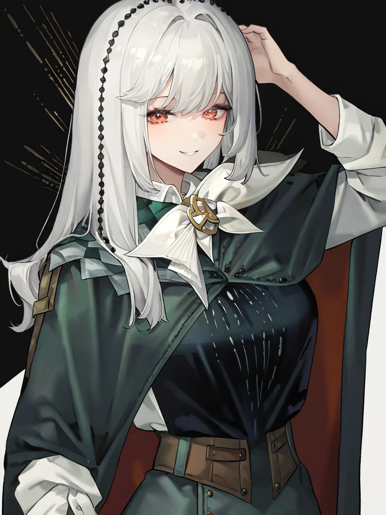 1girl,solo,looking at viewer,simple background,white background,smile,cowboy shot,<lora:semmelweis-000012:0.9>,(semmelweis\(nigh\):1.1),no headwear,white hair,, masterpiece, best quality, very aesthetic, absurdres,newest, incredibly absurdres,