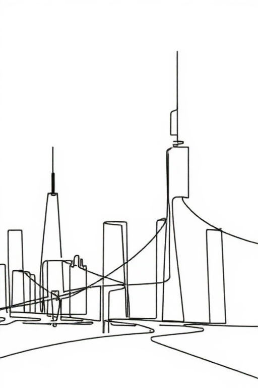 (Create a minimalist continuous single-line drawing where the line never lifts from the paper, remains unbroken as a single, uninterrupted stroke without separate lines or excessive overlaps, smoothly adjusting thickness for details, looping back only when necessary to maintain a clean and fluid composition) depicting a futuristic city skyline with towering skyscrapers, bridges, and intricate architectural details, all seamlessly connected.