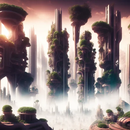 (coralcity style:1) plants growing, buildings, futuristic city <lora:djzCoralCityV21:0.8>