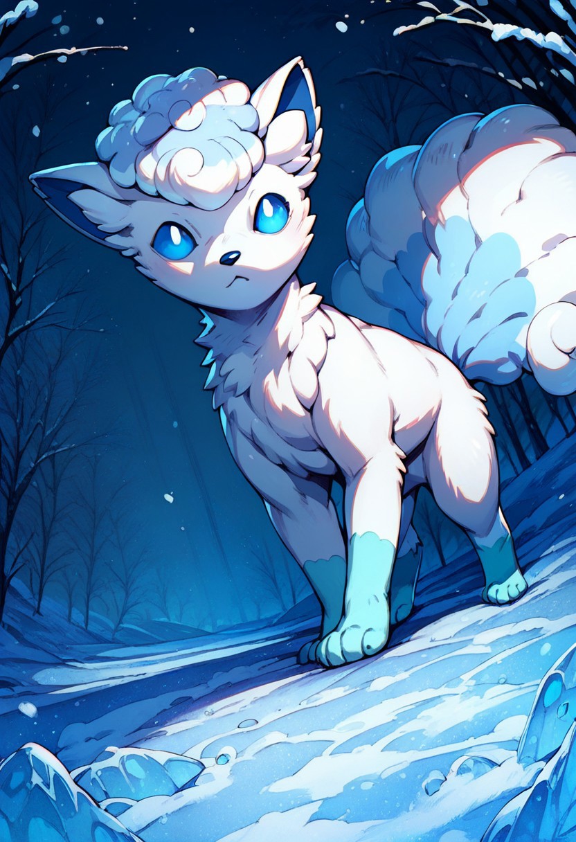 score_9, score_8_up, score_7_up, score_6_up, feral, alolan_vulpix, (score_9, score_8_up:1.1), score_7_up,
detailed snow fur, natural fur,, blue ice eyes, night, dynamic pose,   shadows, Standing, dark light, night,