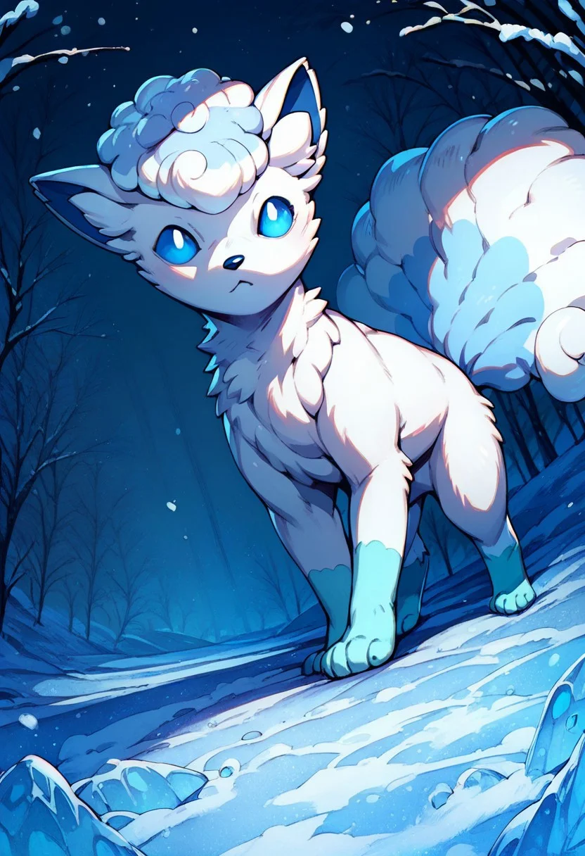score_9, score_8_up, score_7_up, score_6_up, feral, alolan_vulpix, (score_9, score_8_up:1.1), score_7_up,
detailed snow fur, natural fur,, blue ice eyes, night, dynamic pose,   shadows, Standing, dark light, night,