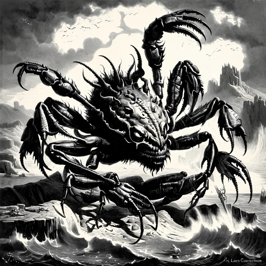 the demon of crabman sacrifice crabimelech,monochrome,grayscale,art by llbreton, <lora:LLBretonXL2:1>