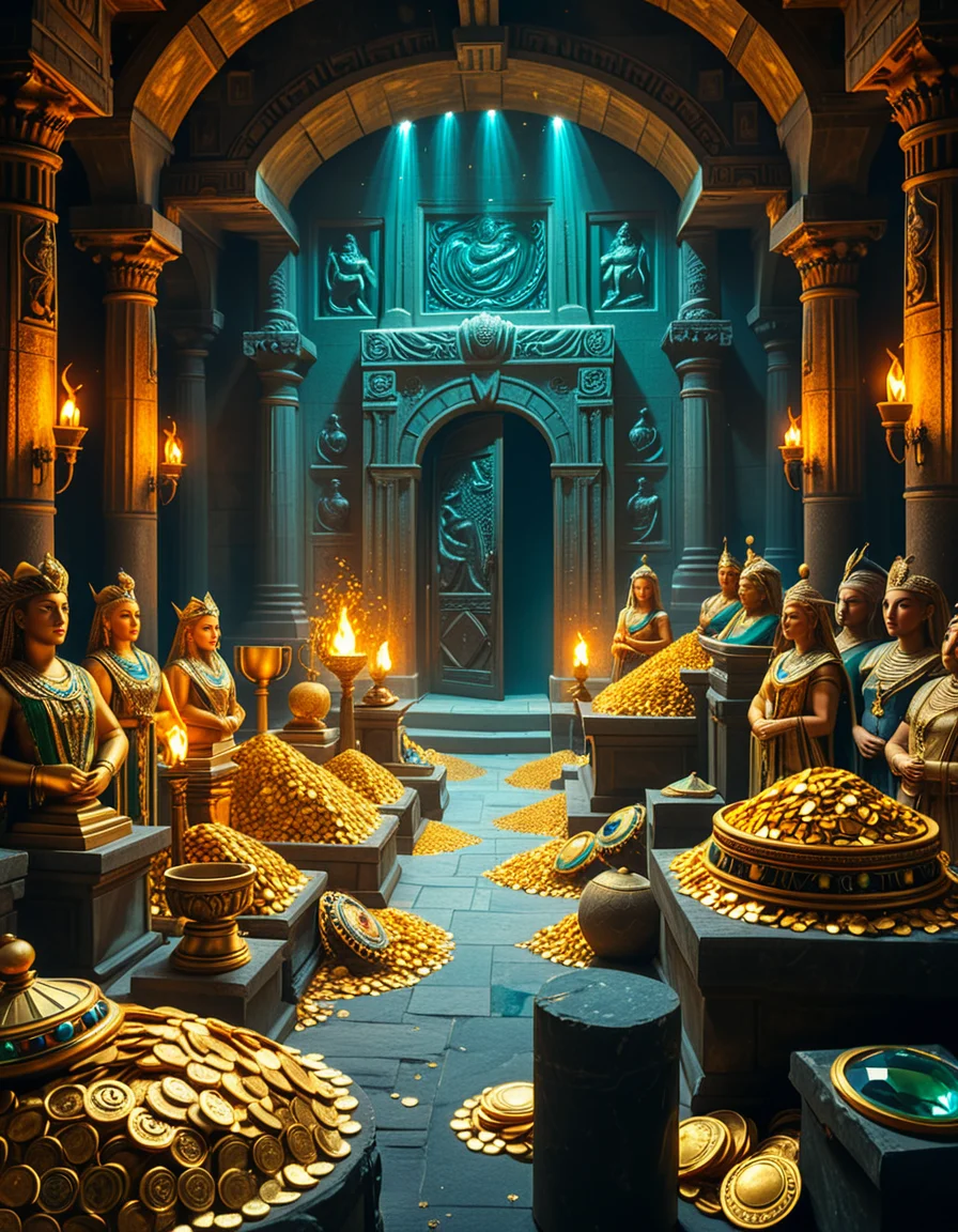 A hidden treasure chamber deep within an ancient temple, illuminated by the warm golden glow of torches and mystical blue light from enchanted crystals. The room is filled with piles of gold coins, jewel-encrusted goblets, and ancient artifacts covered in dust. Massive stone statues of forgotten deities guard the chamber, their eyes glowing faintly as if watching intruders. In the center, a grand pedestal holds a legendary artifact—an ornate golden crown encrusted with emeralds and sapphires, shimmering with an otherworldly aura. The walls are adorned with intricate carvings depicting lost civilizations, and creeping vines hint at centuries of abandonment. The atmosphere is mystical and slightly eerie, with a sense of both wonder and danger. The air is thick with the scent of aged parchment and burning incense, adding to the chamber’s ancient and mysterious feel. Cinematic lighting with dramatic shadows enhances the depth and richness of the scene, creating a visually stunning and immersive environment.
<lora:SDXLFaeTastic2400:0.4> <lora:extremely_detailed:0.4> extremely detailed, <lora:treasure_ch4mb3r:1>,treasure ch4mb3r, Masterpiece,best quality,hi res,8k,hi res,8k,award winning,(sharp focus, intricate, highly detailed),