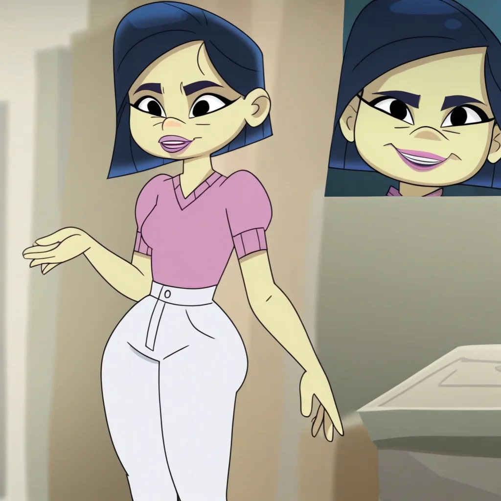 dark blue hair, pink lips, Score_9, white high waisted pants, pink short-sleeved sweater, pale skin, dark blue eyebrows, smile, expressive eyes, Short hair, mayumi_gt, in a room, black eyes, 1girl, brown platform heels, solo, full body, standing