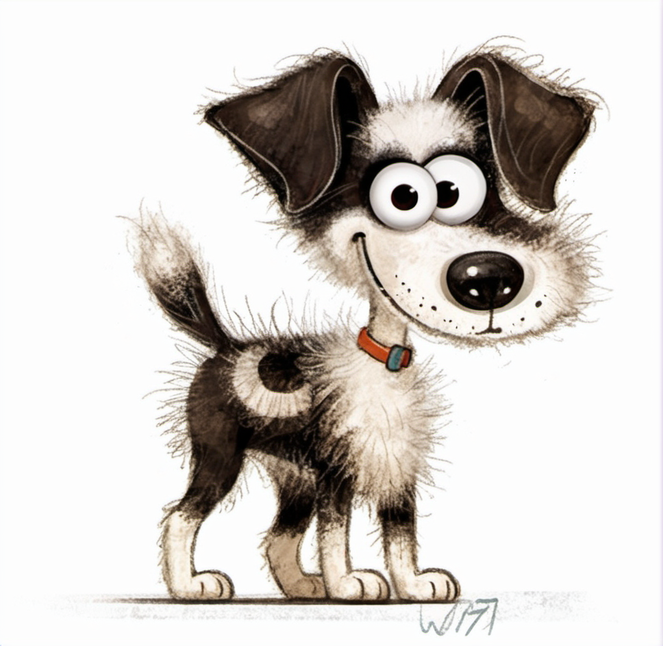 cartoon dog, illustration, puppy, black and white, fuzzy fur, big eyes, happy expression, smiling, sketch style, playful, cute, standing pose, ears floppy, simplistic background, hand-drawn, whimsical, childrenâs book character, light texture, sign off "WR17", brown and white tones. <lora:æ½¦è-000012:0.8>,