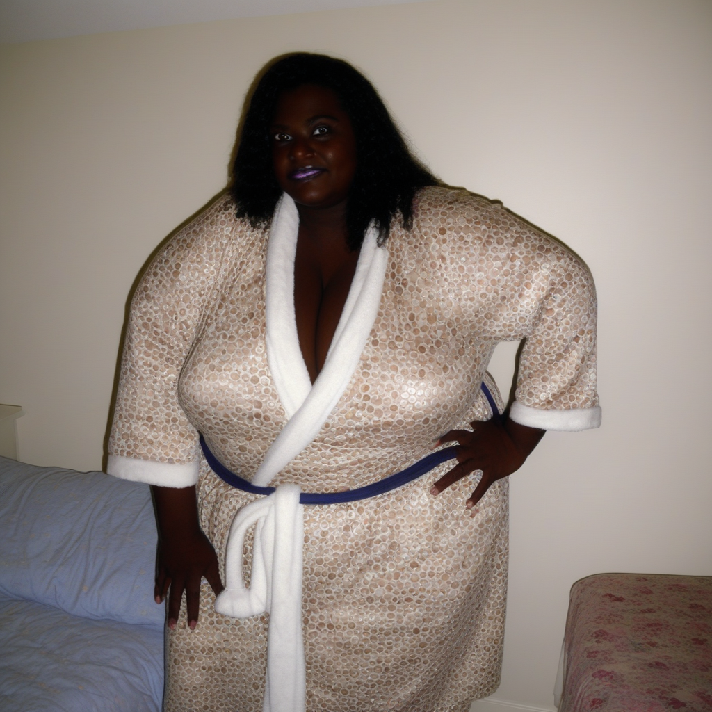 dark skin plump woman with hands on hips, large breasts and butt, in robe, cleavage