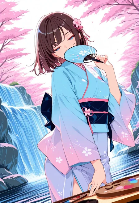 1girl, head tilt, hair ornament, Japanese clothes, holding hand fan, hand fan covered mouth, half-closed eyes, close-up, flat colors,waterfall,river,cherry blossom, palette, falling palettes, simple background, dutch angle, dynamic angle, stylish pose, fashion pose, masterpiece, best quality, ultra-detailed, best illustration,