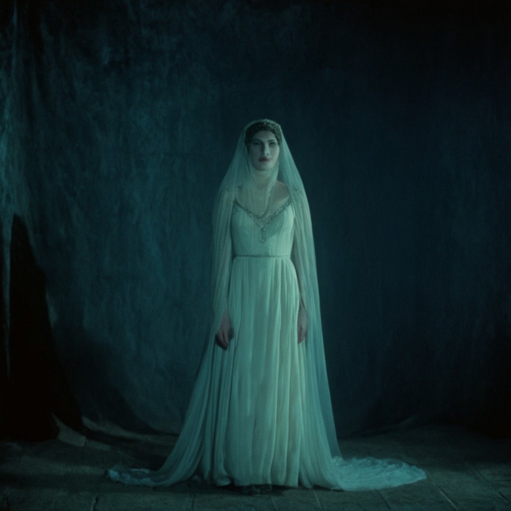 cinematic film still of  <lora:brides of dracula style:1>
full shot, wide shot, 15th-century 1897 a  60yo old lady  woman in a white dress and a veil posing for a picture in a dark studio room with dark blue grey background Kodak Eastman EXR 50D 5245, EXR 500T 5296 Cinematic Film in a scene from the brides of dracula style, shallow depth of field, vignette, highly detailed, high budget, bokeh, cinemascope, moody, epic, gorgeous, film grain, grainy