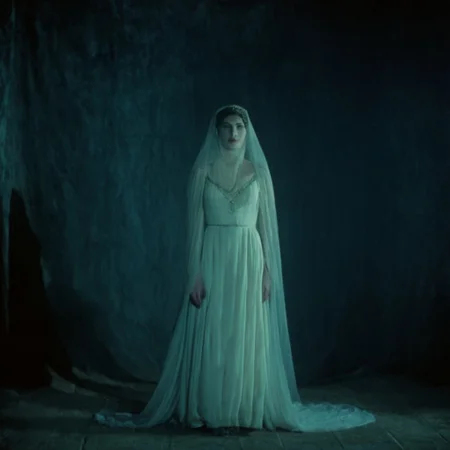 cinematic film still of <lora:brides of dracula style:1>
full shot, wide shot, 15th-century 1897 a 60yo old lady woman in a white dress and a veil posing for a picture in a dark studio room with dark blue grey background Kodak Eastman EXR 50D 5245, EXR 500T 5296 Cinematic Film in a scene from the brides of dracula style, shallow depth of field, vignette, highly detailed, high budget, bokeh, cinemascope, moody, epic, gorgeous, film grain, grainy