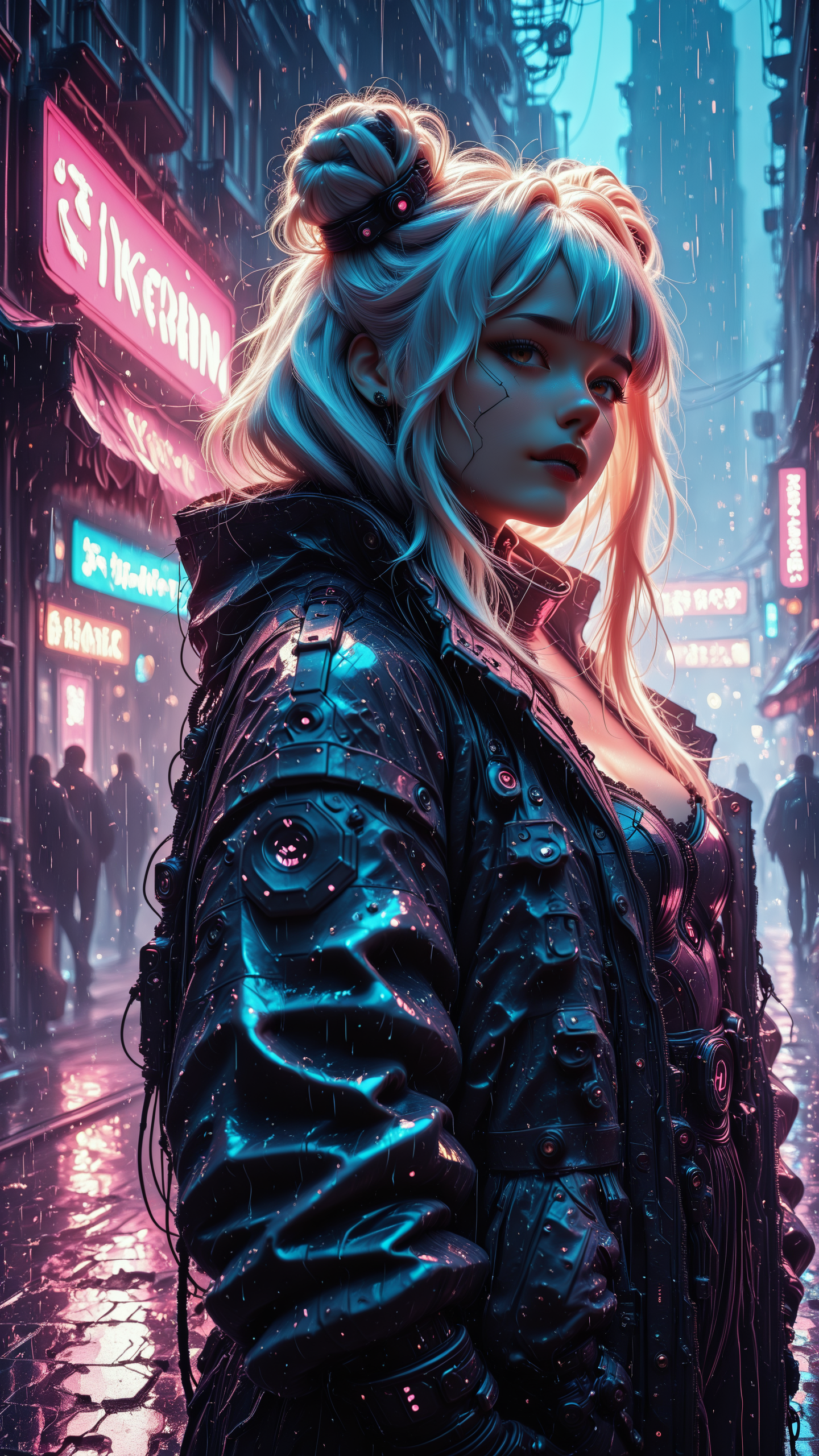 cinematic, focused subject, depth of field, dramatic, movie style, dark, movie noise, dramatic angle, medium close shot,  1girl, she is an android, long hair, white hair, double buns, fanged bangs, cyber armor, black_gloves, fingerless_gloves, extreme blood, futuristic, cyberpunk, rain, wire frame, smoking, dramatic light, cowboy shot, look at viewer, BREAK, background, Cyberpunk, cyberpunk city, neon lights illuminating rain-slick streets, towering skyscrapers with holographic billboards, dense alleys filled with market stalls and neon signs, glowing street-level advertisements reflecting off puddles,  HDR, 8K, hyper realistic, high contrast, masterpiece, best quality, amazing quality, very aesthetic, highres, hyper-detailed, absurdres, newest, scenery, detailed shading, dimm lit, JeddtlIL, Underlighting shadow, dim, opulent darkness, dark ambiance, blue backlit, volumetric backlit, front sparkles, detailing, realist, in the style of cknc,in the style of ck-rw,